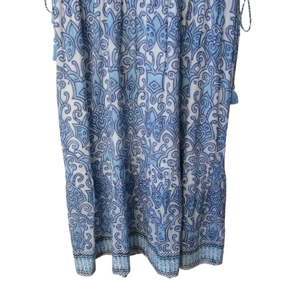 Azure Indigo Blue White Dress Small Blockprint Short Sleeves Tassel Sides Boho - Picture 7 of 11